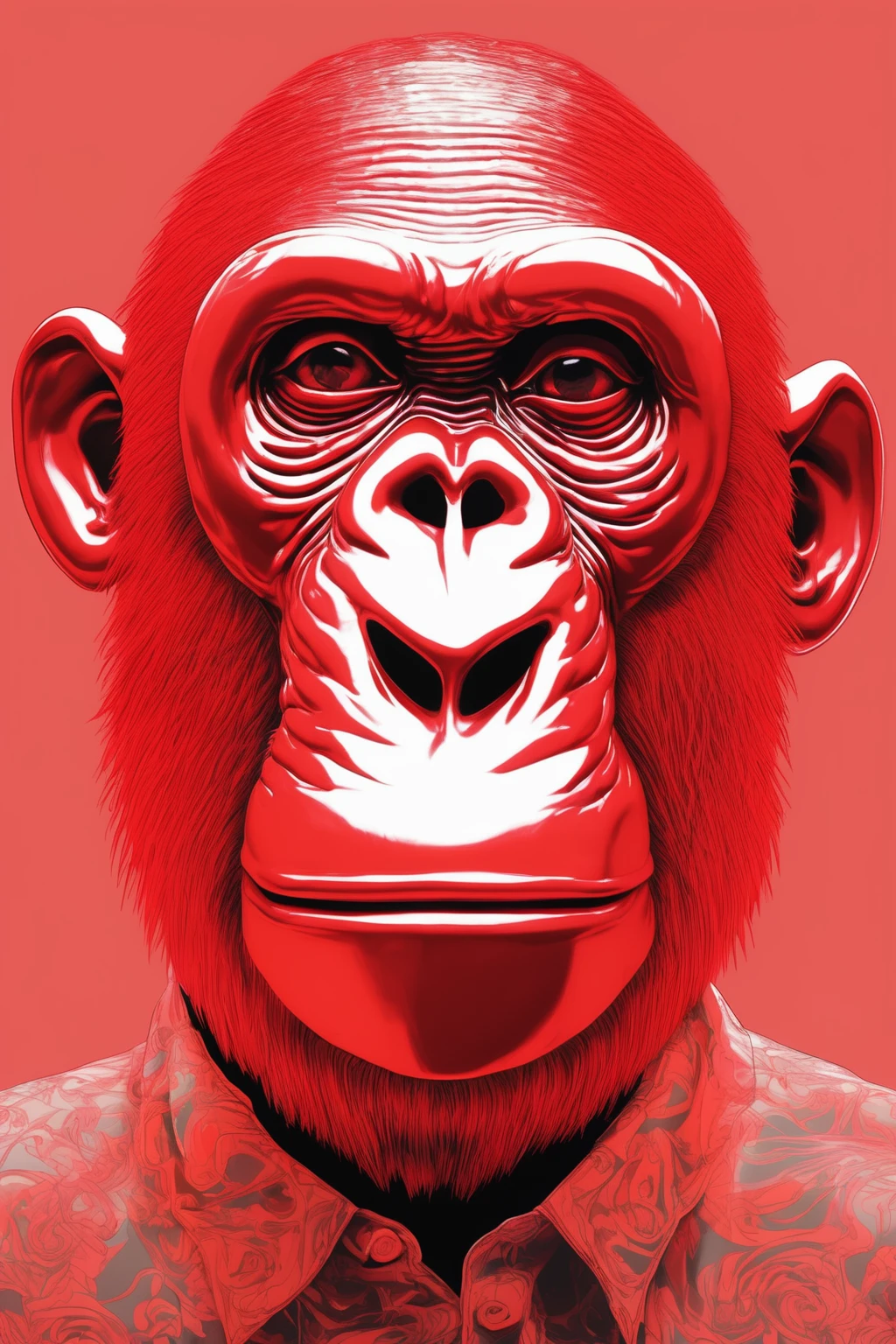 APE singe énervé NFT HIGH QUALITY , bored ape , Alex Gross Style -Yue Minjun singe habillé comme Tyler le créateur craint et déteste le style de magazine étourdi zombi fume un joint , rouge transparent en crystal, circuit imprimé, or