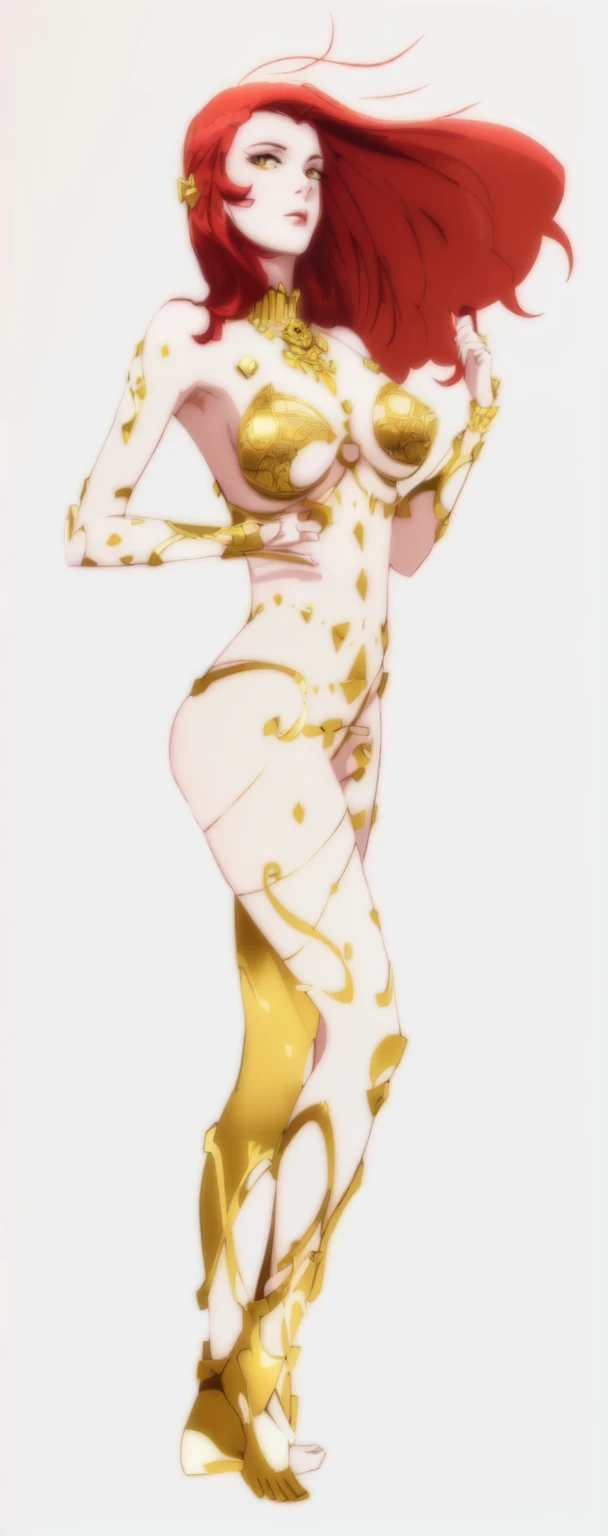 master piece, 8k detail, beautiful nude girl wearing thin gold body jewelry. red hair. gold rings on perfect fingers, pale white skin. slight wind blowing hair in sunlight. 2 o'clock sun. NO background, white background ONLY.