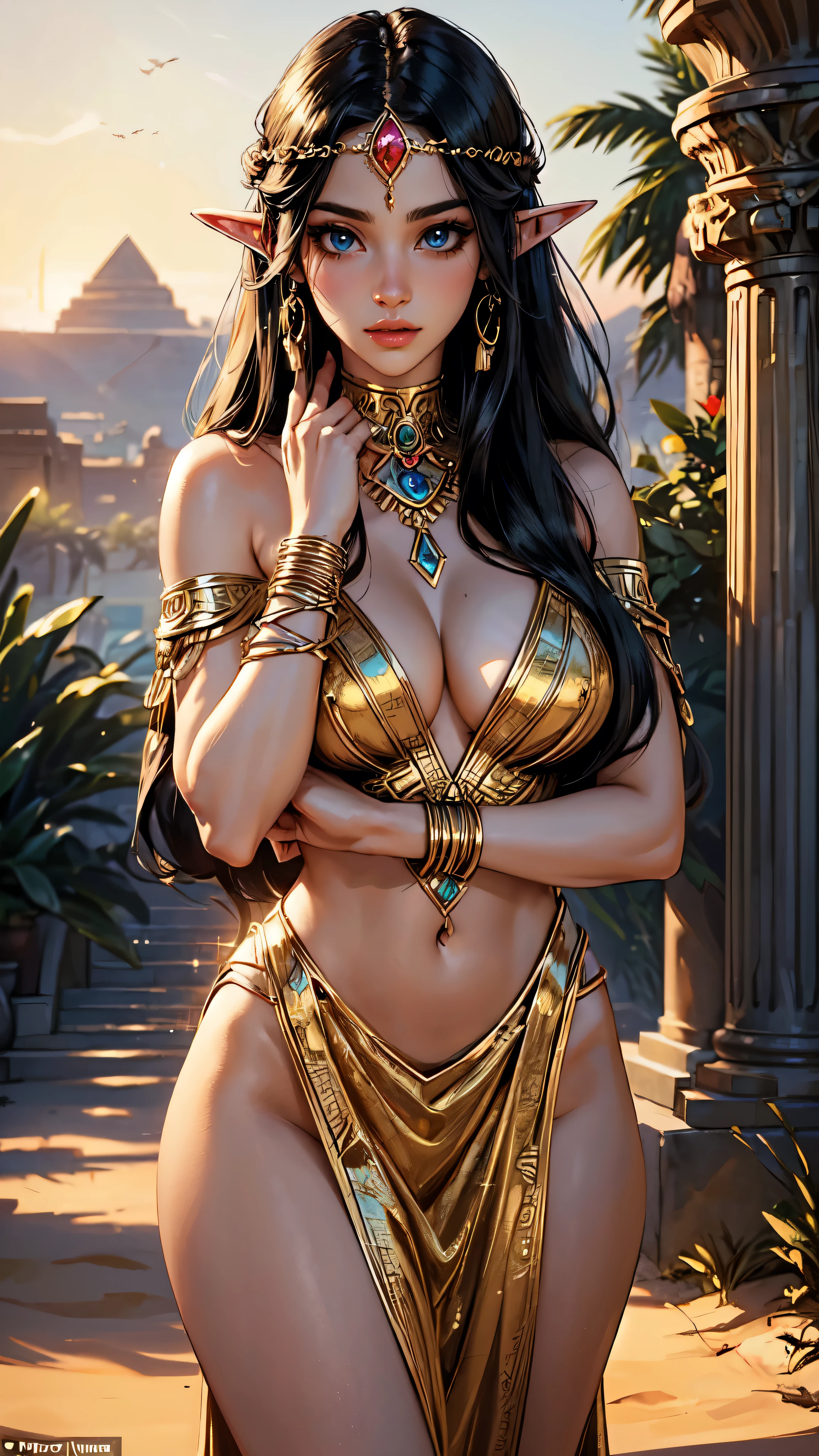 (best quality:1.2, ultra-detailed, realistic:1.37), enchanting eyes, mesmerizing lips, flowing black hair, radiant skin, ethereal beauty, seductive enchantress, mystical aura, alluring Egyptian Queen, elegant and intricate garments, intricate gold and gemstone jewelry, captivating charm, intoxicating presence, poised and confident pose, sand dunes stretching to the horizon, golden sun setting in the distance, soft golden light illuminating the scene, mystical hieroglyphs adorning the surroundings, a sense of ancient magic, a powerful and alluring sorceress, the embodiment of desire and mystery., elf woman, sexy woman,detailed face, detailed eyes, detailed hands