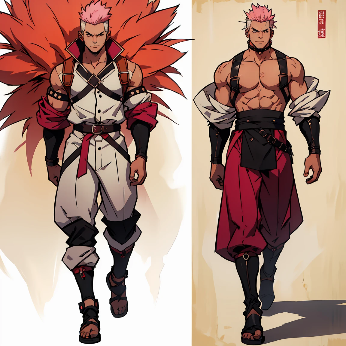 anime guy with white hair and fox ears and collar, (Full body), young guy, hair with modern bangs, masculine but young, No beard, dnd reference sheet, pink hair, mohawk to the side, gentle face, bron pelerine canvas, two dangling straps on each side of hip, Headgear, leather armour, light clothing 