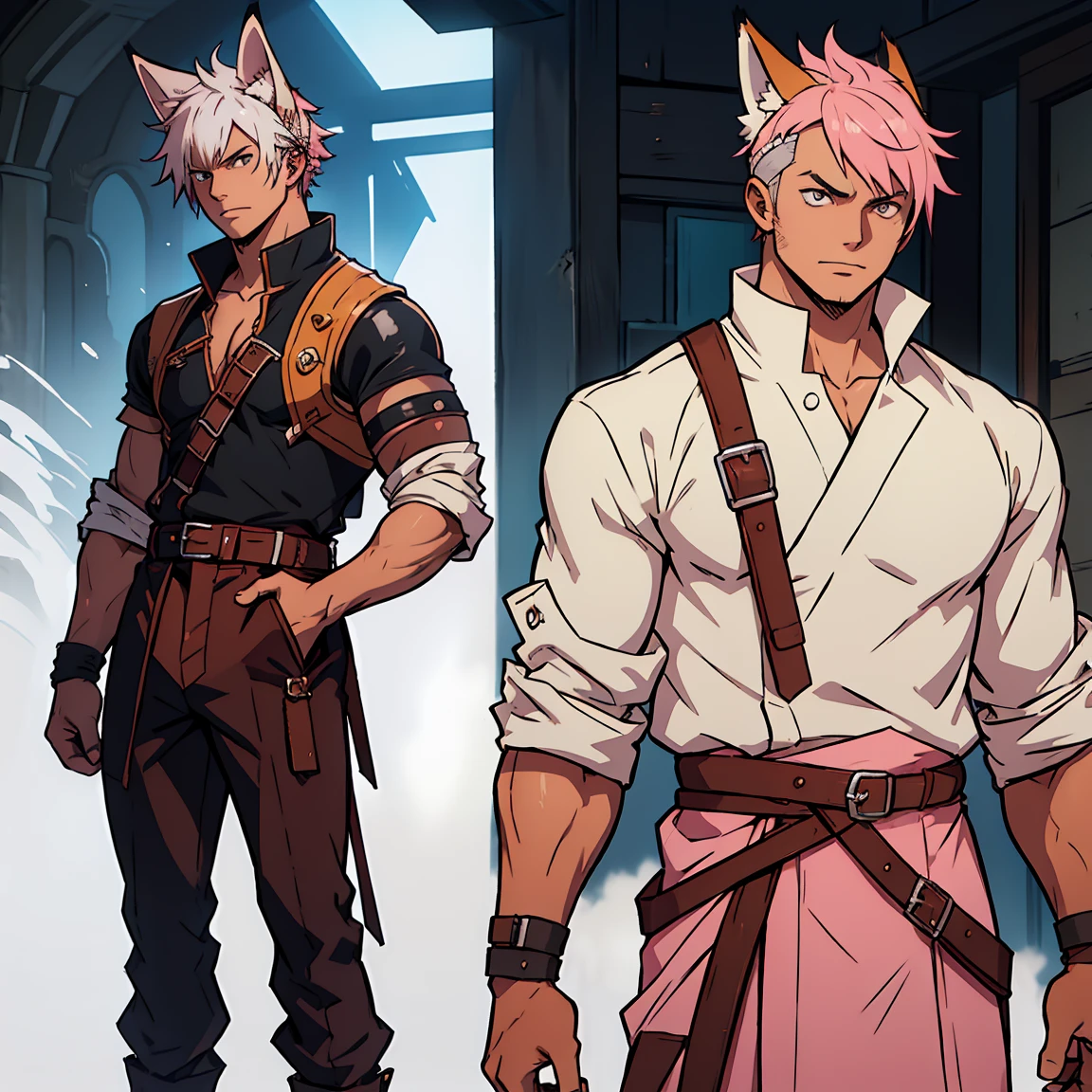 anime guy with white hair and fox ears and collar, (Full body), young guy, hair with modern bangs, masculine but young, No beard, dnd reference sheet, pink hair, mohawk to the side, gentle face, bron pelerine canvas, two dangling straps on each side of hip, Headgear, leather armour, light clothing 