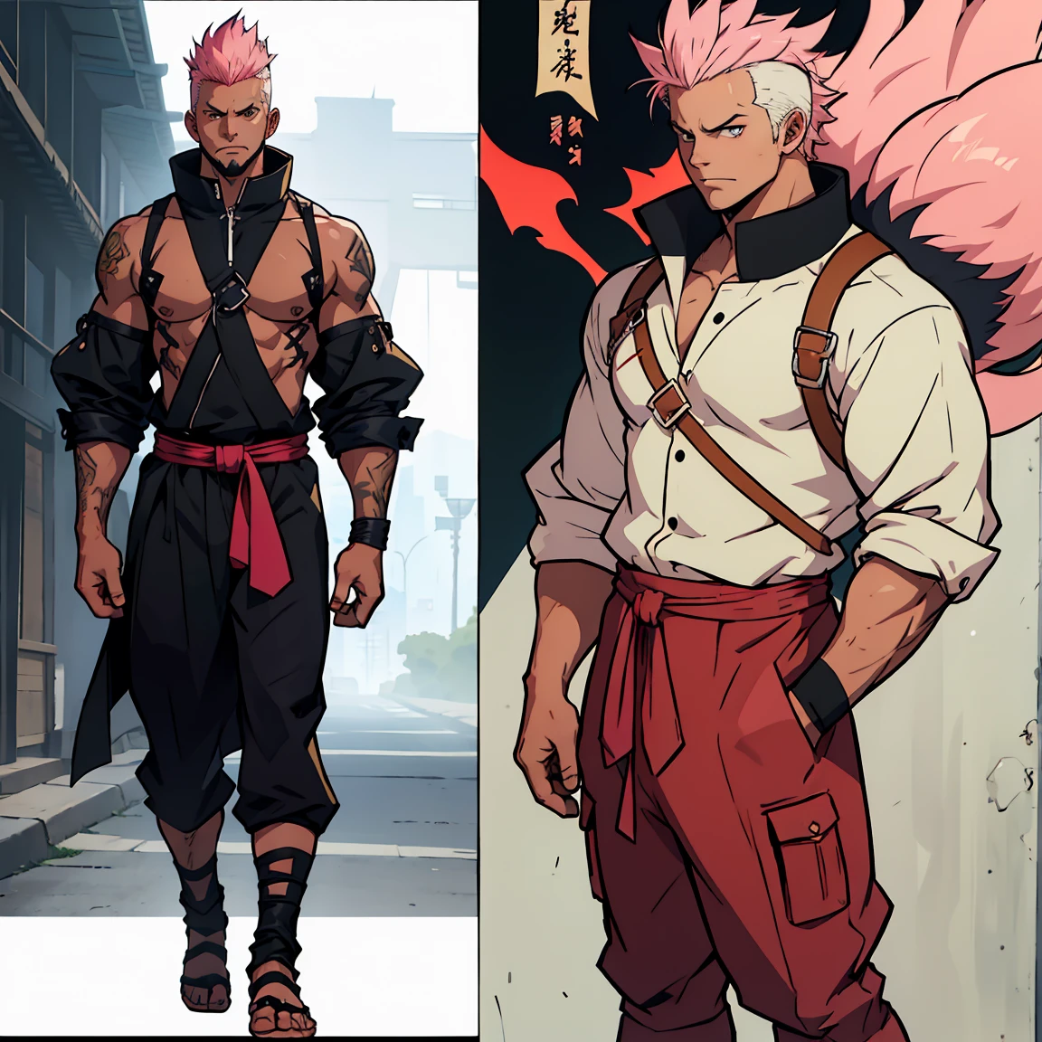 anime guy with white hair and fox ears and collar, (Full body), young guy, hair with modern bangs, masculine but young, No beard, dnd reference sheet, pink hair, mohawk to the side, gentle face, bron pelerine canvas, two dangling straps on each side of hip, Headgear, leather armour, light clothing 