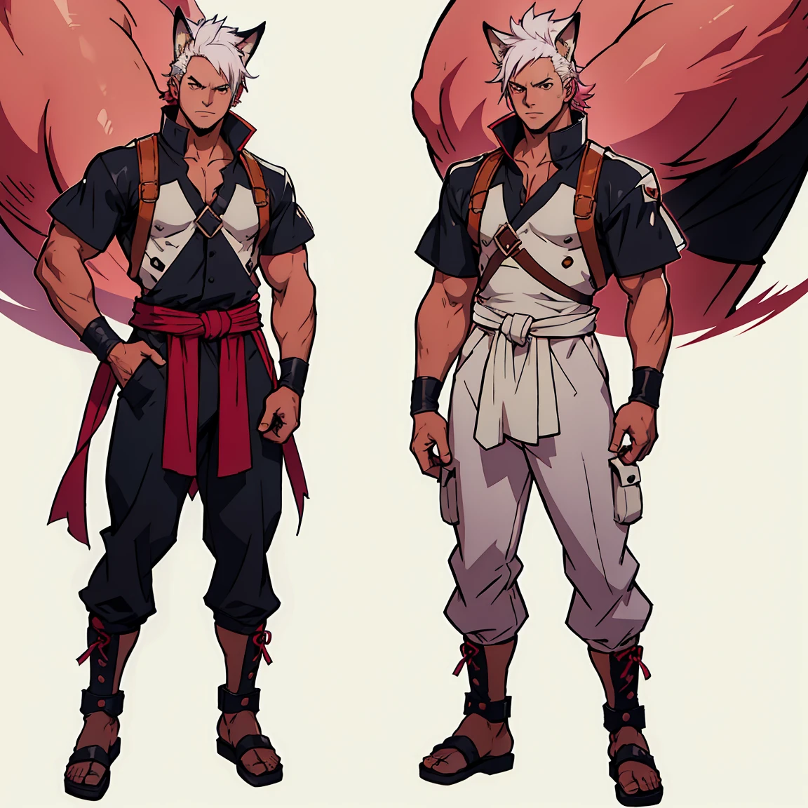 anime guy with white hair and fox ears and collar, (Full body), young guy, hair with modern bangs, masculine but young, No beard, dnd reference sheet, pink hair, mohawk to the side, gentle face, bron pelerine canvas, two dangling straps on each side of hip, Headgear, leather armour, light clothing 