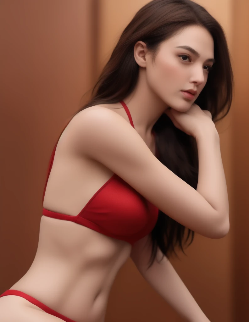 8k, best quality, masterpiece, realistic, ultra detail, photo realistic, Increase quality, a photo of a girl standing, pose, natural big breast, plumpy body, perfect body, photobash, serene faces, jagged edges, dark red, natural beauty, close-up shot