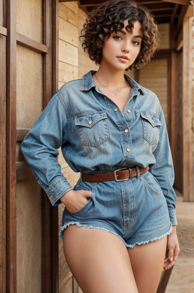 Video of a curly  short hair 5 5 height in western clothes and woth small gorgeous face and small nose and beautiful eyes and thick thighs 