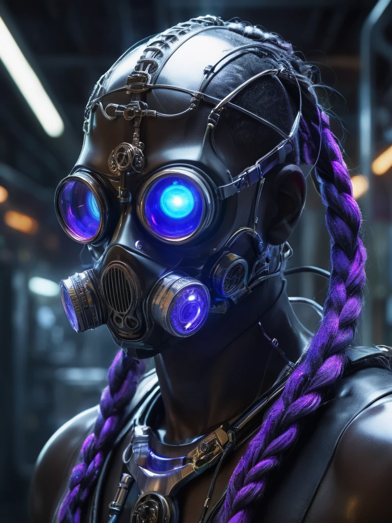 A high-resolution image of a man transformed into a cyborg, featuring a full head gas mask. His skin is complex, adorned with wires, fuses, and transparent blue liquid pipes running through it. His eyes emit a vivid purple glow, shining through the mask’s eye openings. His hair is wired braided intricately, with strands of chrome woven into the braids, adding a metallic sheen. His skeletal structure is partially visible, with bones made of quartz and crystal, refracting light and adding a translucent quality. The background is a futuristic lab, dimly lit with a cold, industrial ambiance. The lighting highlights the reflective surfaces and the glowing elements, creating a striking contrast against the darker surroundings. The overall effect is a blend of advanced technology and natural elements, showcasing the fusion of human and machine.

The background is a dimly lit, industrial setting with hints of metallic surfaces and shadows, creating a foreboding atmosphere. The lighting is low and directional, casting subtle highlights on the gas mask and his damp hair, while leaving parts of his face in shadow, enhancing the dramatic effect. There is a faint mist or smoke in the air, adding depth and texture to the scene. The overall ambiance is one of mystery and intensity, with a slightly dystopian feel.