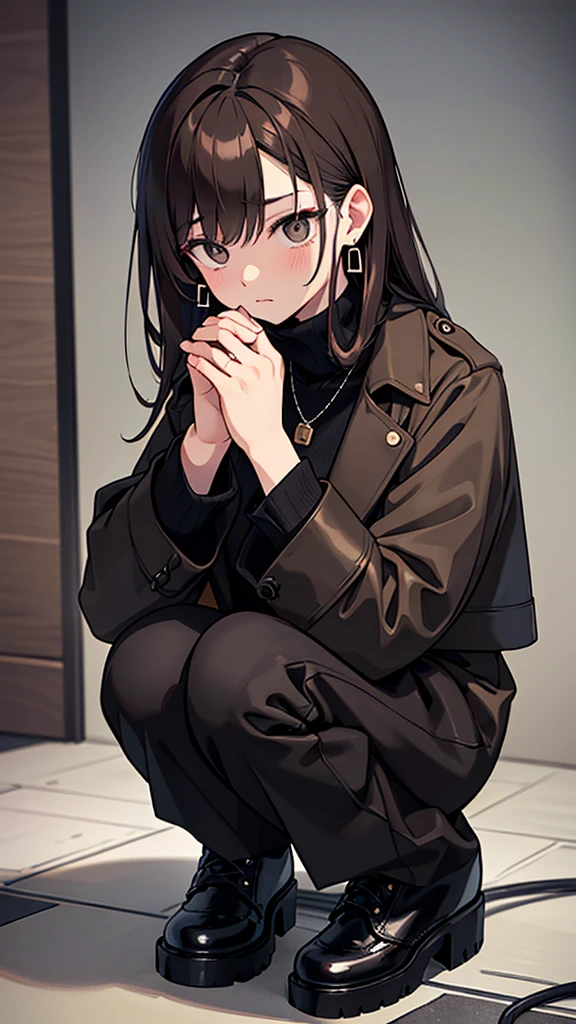 Korean adult woman, medium-length brown hair, grunge, ominous, dark aesthetic, black turtleneck, tan trench coat, necklaces, hoop earrings, 30-year-old, neutral expression, calm, expressionless, black formal trousers, black combat boots, squatting down, looking at something, detective, crime scene