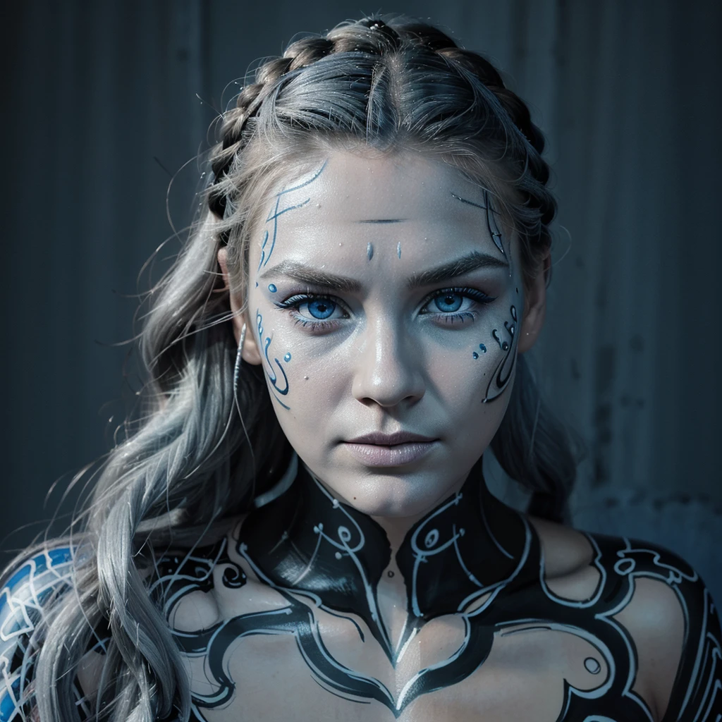 (Best Quality:1.1),(comic style:1.1),(artwork:1.1),(Barry McGee Style:1.1),(line art:1.4),a woman,Bold contours,bold outlines,fierce face,determined eyes,silver hair,Intricate face painting,For the,blue lighting,(singing:1.2),braided hair,(Detailed face paint:1.1),(Blue eyes:1.1),
