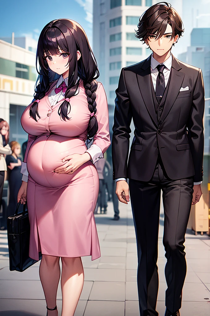 "a man with big pink hair in a suit and braid. a pregnant woman, brunette with black hair"