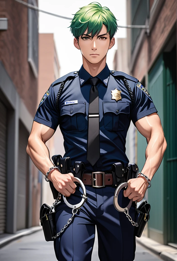 Man, short green hair, Very short hair, Brown eyes, Athletic body, Athletic build
Police uniform, police uniform, blue police uniform, handcuffs on the belt, handcuffs