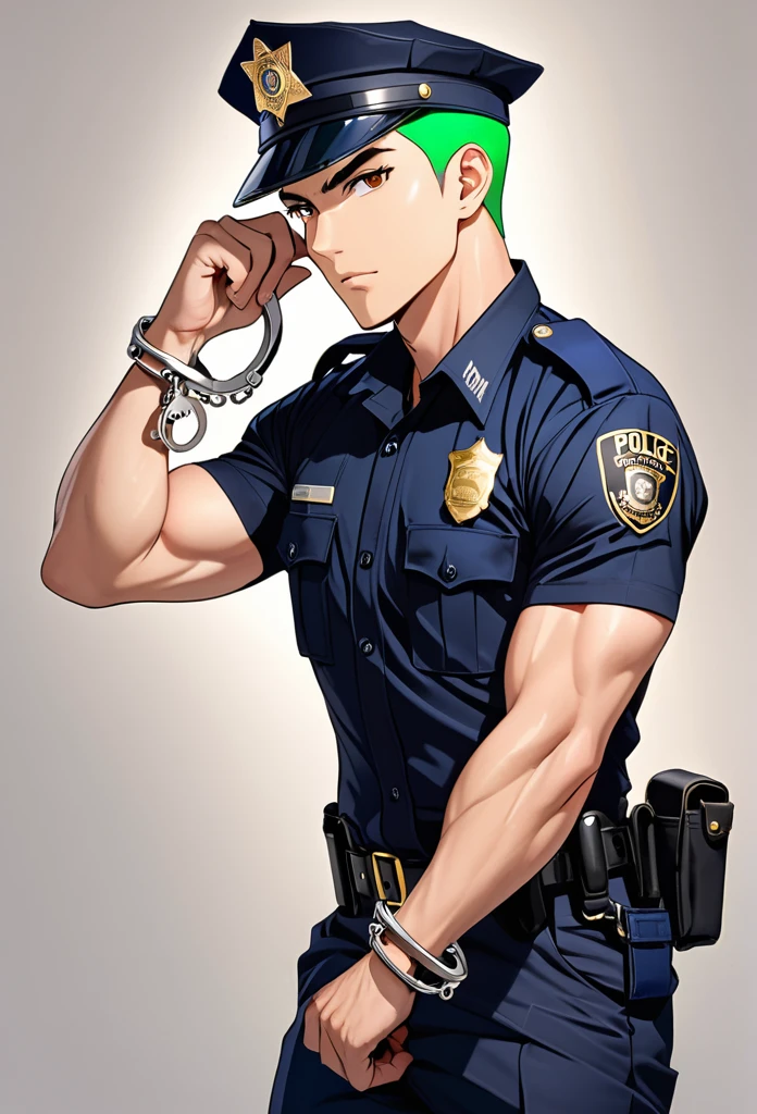 Man, short green hair, Very short hair, Brown eyes, Athletic body, Athletic build
Police uniform, police uniform, blue police uniform, handcuffs on the belt, handcuffs