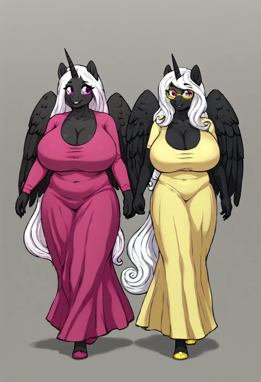  Alicorn princess   , white mane, ,black fur   color  long flowing  mane pink  eyes anthro huge breasts  clothing,yellow glasses  , walking home
Parent:mother and daughter anthro 