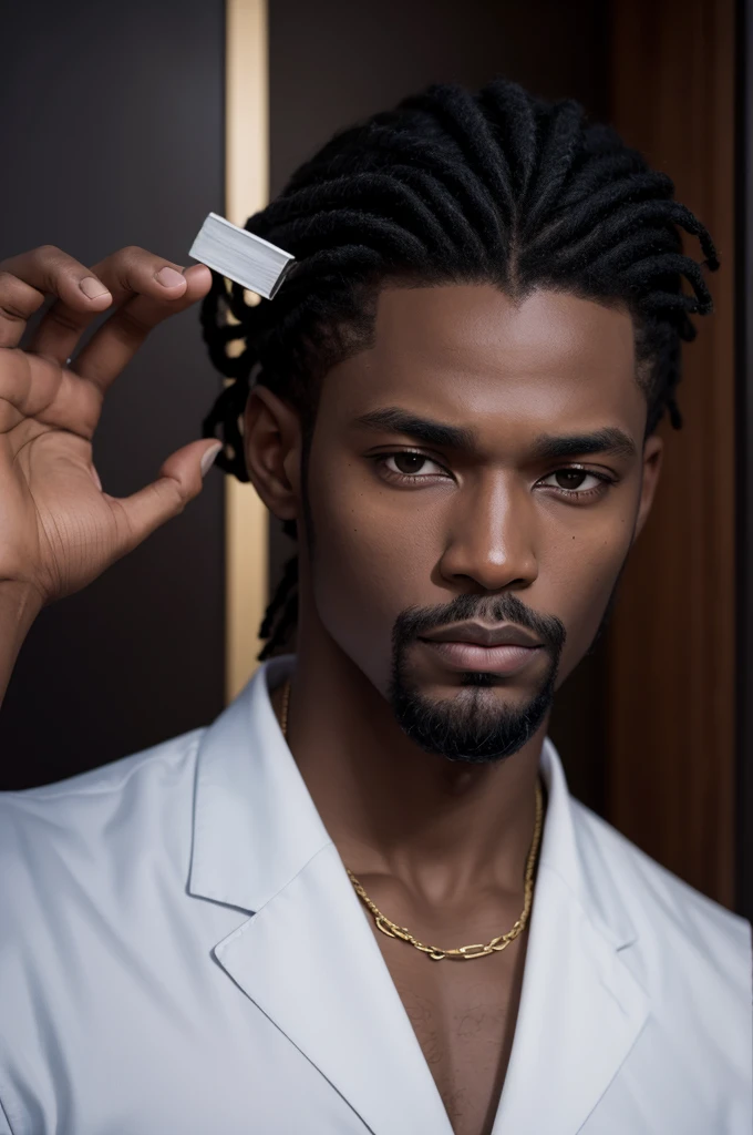 A tall strong black man with drads in his hair