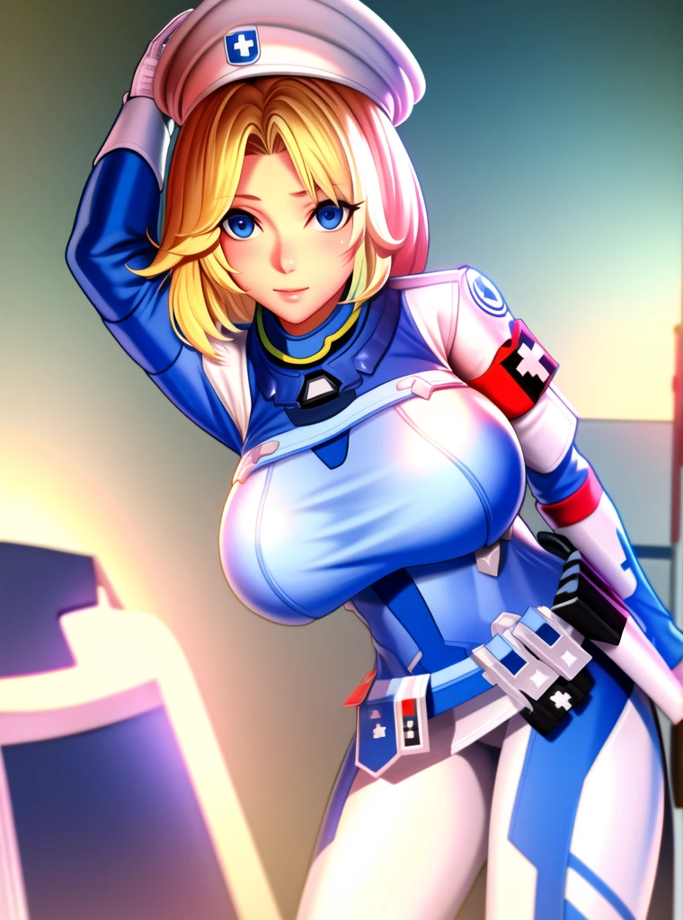 CombatMedic,  mature female,  1girl,hand arm above head, blonde hair, official alternate costume, blue eyes, armband,looking at viewer, multicolored clothes, alternate hairstyle, gloves, white headwear, multicolored legwear, belt pouch,(masterpiece:1.4),(best quality:1.4), medium breasts, battle,    huge breasts novel. Grapping on breasts