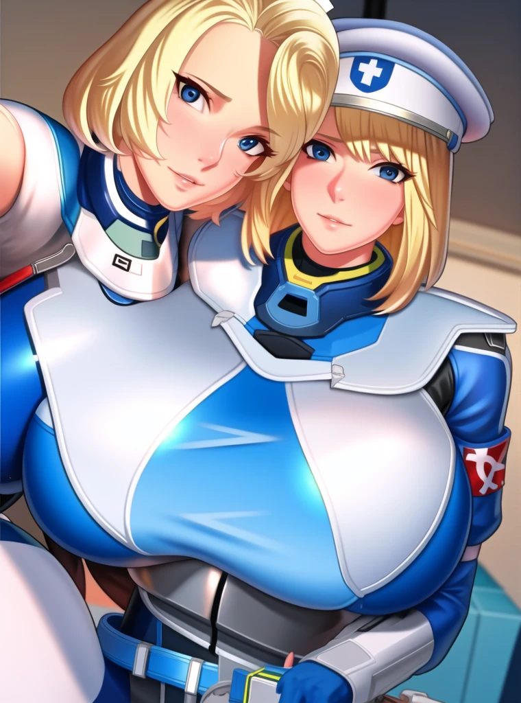 CombatMedic,  mature female,  1girl,hand arm above head, blonde hair, official alternate costume, blue eyes, armband,looking at viewer, multicolored clothes, alternate hairstyle, gloves, white headwear, multicolored legwear, belt pouch,(masterpiece:1.4),(best quality:1.4), medium breasts, battle,    huge breasts novel. Grapping on breasts