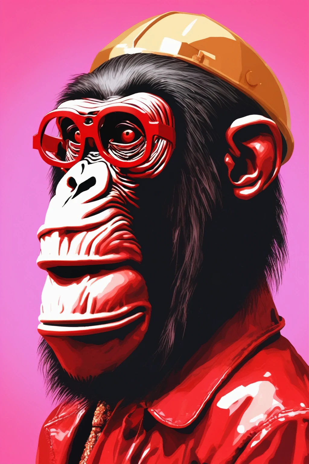 APE singe énervé NFT HIGH QUALITY , bored ape , Alex Gross Style -Yue Minjun singe habillé comme Tyler le créateur craint et déteste le style de magazine étourdi zombi fume un joint , rouge transparent en crystal, circuit imprimé, or . singe riche sur vélo bitcoin 

