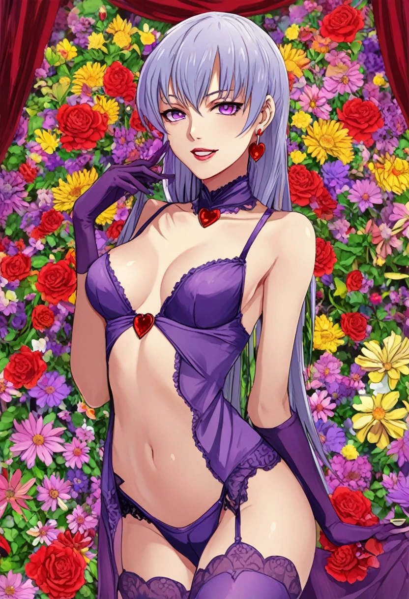 (anime, masterpiece, intricate:1.1), summer aestetic background, comics_darkstalkers_morrigan_aensland, Slender hips, slim stomach, thin waist, posing, medium teardrop-shaped breasts, slim body, skimpy violet dress, violet garter stockings, lingerie, breasts decollete, exposed neck, heart shaped earrings, girly decorations, solo, flowers, modest smile, bright red lipstick, painted nails (red)