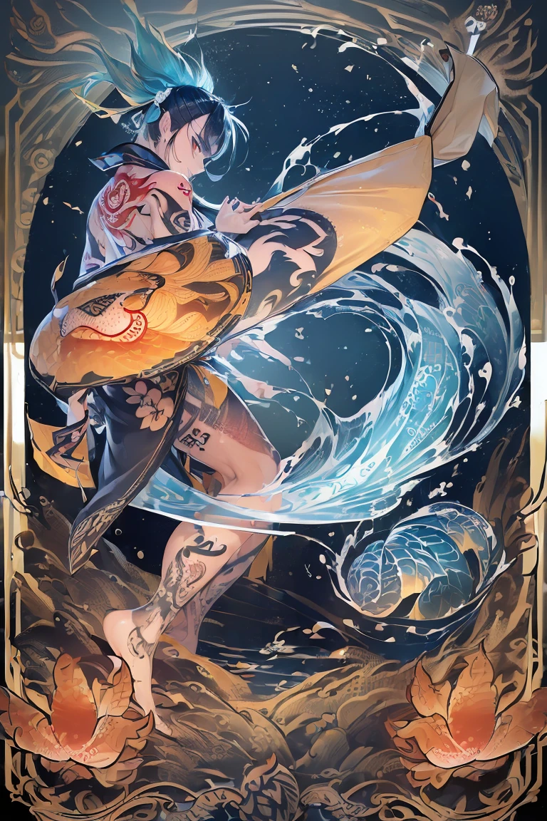 (((In this tattoo design:1.5))), Tattoo design, Japanese Traditional tattoo design, 2 Japanese koi fish swimming upstream with water splash effect, (Unity 16K Wallpaper, masterpiece, Best Quality, high quality, Ultra-detailed, extremely details CG, Caustics, Cinematic lighting, Detailed, Ultra High Resolution, Photography, high resolution), half sleeve tattoo,Japanese koi fish