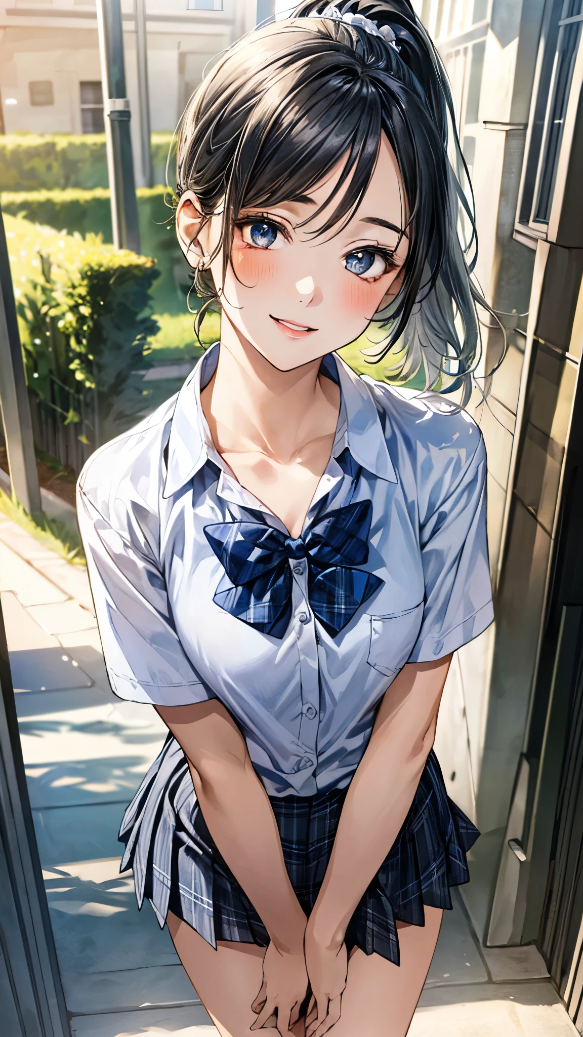 (masterpiece:1.3, top-quality, ultra high res, ultra detailed), (realistic, photorealistic:1.4), beautiful illustration, perfect lighting, natural lighting, colorful, depth of fields, ,
beautiful detailed hair, beautiful detailed face, beautiful detailed eyes, beautiful clavicle, beautiful body, beautiful chest, beautiful thigh, beautiful legs, beautiful fingers, shiny skin, 
looking at viewer, 1 girl, high school girl, (perfect anatomy, anatomically correct, super detailed skin), cute and symmetrical face, babyface, perfect face, perfect eyes, , 
(middle hair, ponytail, sideburns, silver hair), crossed bangs, blue eyes, slant eyes, big eyes, long eye lasher, (medium breasts, seductive thighs), slender, skin dendation, 
detailed cloth texture, light blue collared shirt, blue bow tie, grey plaid pleated skirt:1.2, black hair chouchou,
(beautiful scenery), summer, evening, (school hallway), standing, head tilt, hands between legs, (lovely smile, upper eyes, parted lips), 