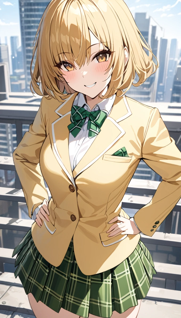 masterpiece, best quality, highres, 1girl, solo, blonde medium hair, brown eyes, , green bowtie, blazer, yellow jacket, long sleeves, plaid skirt, green skirt, standing, put hands on hip,cowboy shot,on roof top, smile,