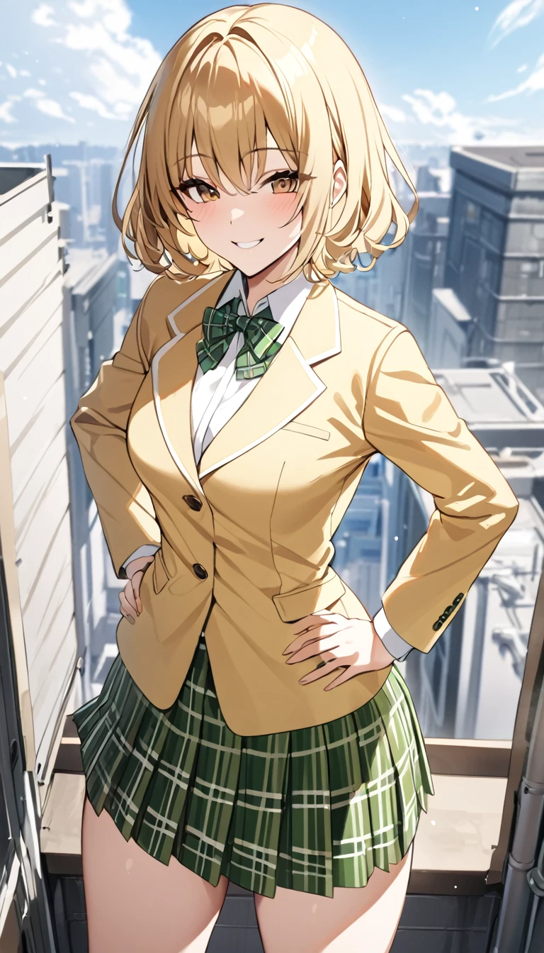 masterpiece, best quality, highres, 1girl, solo, blonde medium hair, brown eyes, , green bowtie, blazer, yellow jacket, long sleeves, plaid skirt, green skirt, standing, put hands on hip,cowboy shot,on roof top, smile,