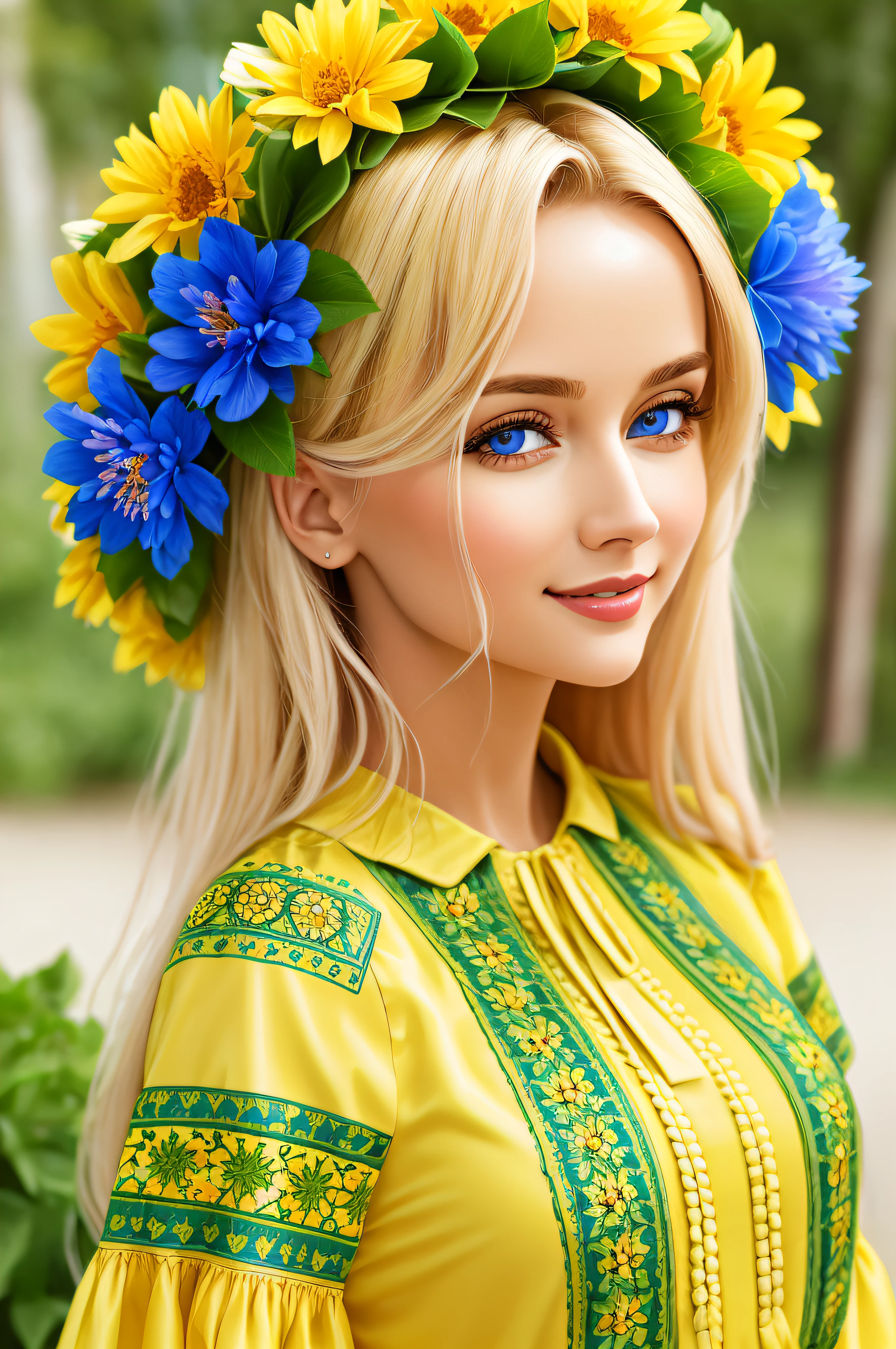 4K, work of art, high resolution, absurderes,natural volumetric lighting and better shadows,high-detailed face, highly detailed facial features, smiling, edgVyshivanka, blonde woman in white,cerulean,yellow,Unripe,plum,black dress and a flower crown ,usando edgVyshivanka, edgVyshivanka_styled_embroidered,floral embroidered, shiny latex with floral print