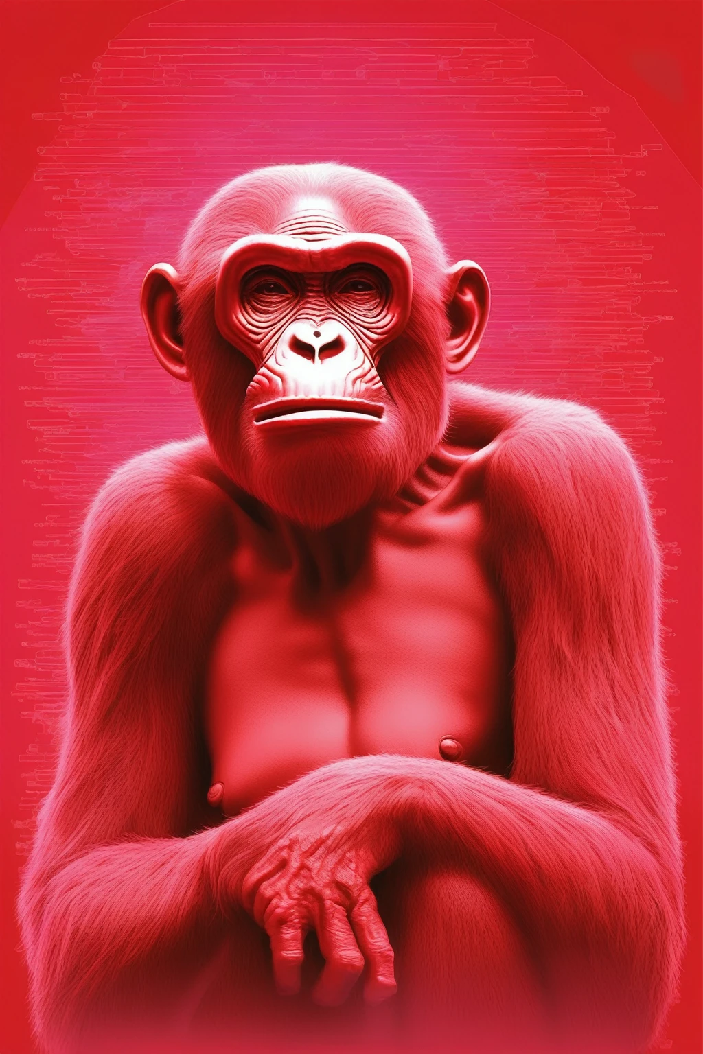 APE singe énervé NFT HIGH QUALITY , bored ape , Alex Gross Style -Yue Minjun singe habillé comme Tyler le créateur craint et déteste le style de magazine étourdi zombi fume un joint , rouge transparent en crystal, circuit imprimé, or
