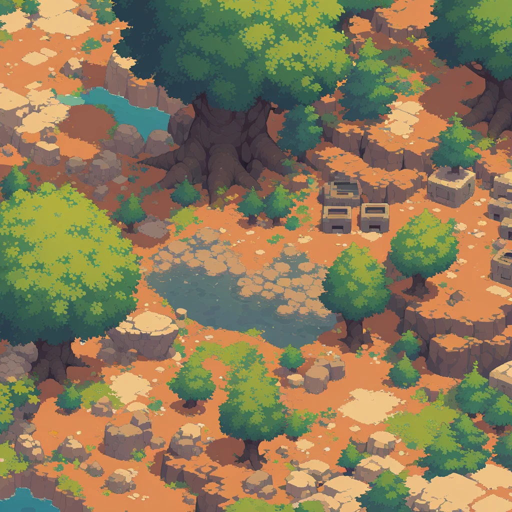 retro video game style,pixelated graphics,vibrant colors,8-bit characters,blocky shapes,sharp lines,detailed shading,classic gaming vibe,nostalgic atmosphere,classic arcade games,masterpiece:1.2,ultra-detailed,illustration style, 2d texture, clay texture, stone texture, 4 k seamless mud texture, video game texture, dirt texture, tileset, game tiles, clay material, flat texture, grass, trees, rock texture, rocky ground, forest, topdown view, game texture, game art, ground very detailed, dirt, floor texture, tileable texture, flowers, bushes, shrubs, intricate ground stone, top down view, 3/4th perspective