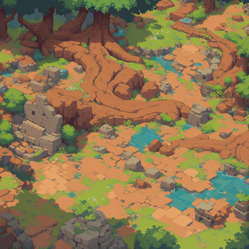 retro video game style,pixelated graphics,vibrant colors,8-bit characters,blocky shapes,sharp lines,detailed shading,classic gaming vibe,nostalgic atmosphere,classic arcade games,masterpiece:1.2,ultra-detailed,illustration style, 2d texture, clay texture, stone texture, 4 k seamless mud texture, video game texture, dirt texture, tileset, game tiles, clay material, flat texture, grass, trees, rock texture, rocky ground, forest, topdown view, game texture, game art, ground very detailed, dirt, floor texture, tileable texture, flowers, bushes, shrubs, intricate ground stone, top down view, 3/4th perspective