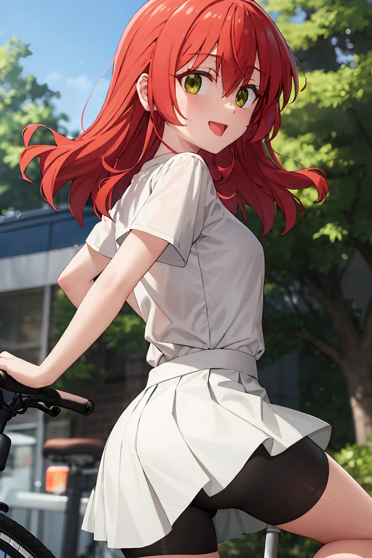 1 girl, best qualityer, ultra high resolution, long hair, Red hair, greeneyes, shirt Yellow, manga curta, white skirt, pleatedskirt, mini-skirt, bike shorts, bike shorts under skirt, looking at the viewers, smallbreast, standing, ass pov, Fine body, changing body, , ssmile, hall, iPhone, hold the cell phone