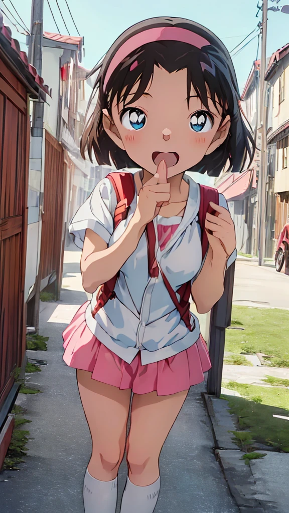 Browsing Caution、(Large Breasts:1.5)(((Pink Panties))),
Yoshida Ayumi,One girl,、Brown Hair,short hair,,blue eyes、Red headband、Show Viewer,Japanese-made backpacks for elementary school students,Short sleeve,Blush and laugh、blush,in doors, clavicle,door、blue sky,White cloud,outdoor、street、Burning a masterpiece,8k unity wallpaper、Anime key visual、Highest quality,High resolution,Unity 8k wallpaper shape:0.8),Anime Coloring,highly Detailed face、Fine grain、Growing Eyes、Shiny skin、Fine skin、White skin、dense skin、Detailed Hair、Very elaborate legs、Perfect lighting,Detailed CG,Detailed skin、Detailed face、Fine grain、Glowing Eyes、dense skin、Shiny skin、(Perfect hands,Perfect Anatomy),High resolution(Detailed Friction),Thin limbs,Delicate curves、Graceful Hands、shape:0.8、Open your mouth wide、Extend tongue from mouth、Put your hands over your mouth、