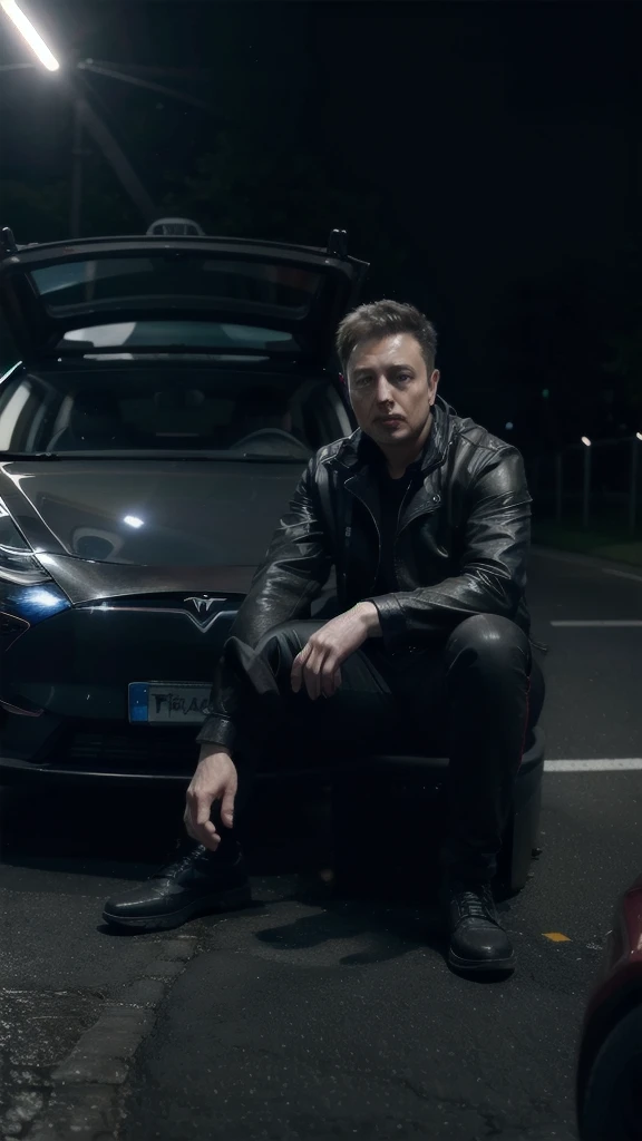 Elon Musk sitting on the hood of a Tesla model y. There's no tires on the car, the hood painted a german flag.