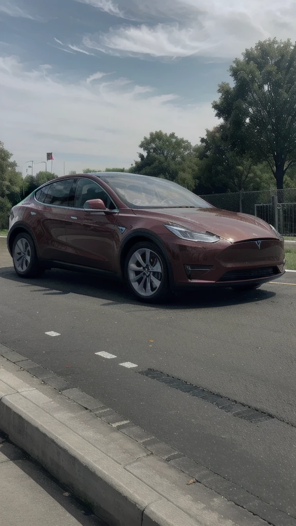 Elon Musk sitting on the hood of a Tesla model y. There's no tires on the car, the hood painted a german flag.