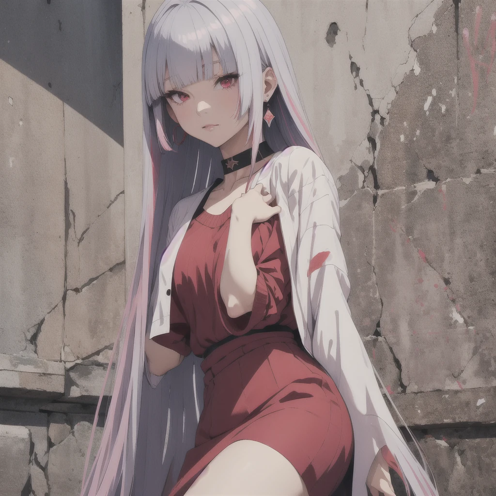 (masterpiece, best quality, 1girl, solo, intricate details, chromatic aberration), realistic, ((medium breath)),long hair, silver deep gray hair, red head ornament, pink highlights, hair over one eye,red eyes, earrings, bangs, sharp eyes, choker, neon shirt, open jacket,red crop top, (symmetry eyes),(perfect symmetrical body),against wall, brick wall, graffiti, dim lighting, alley ,look at viewer, straight strictly cutted hairstyle and, straight bangs on one line over eyes,
