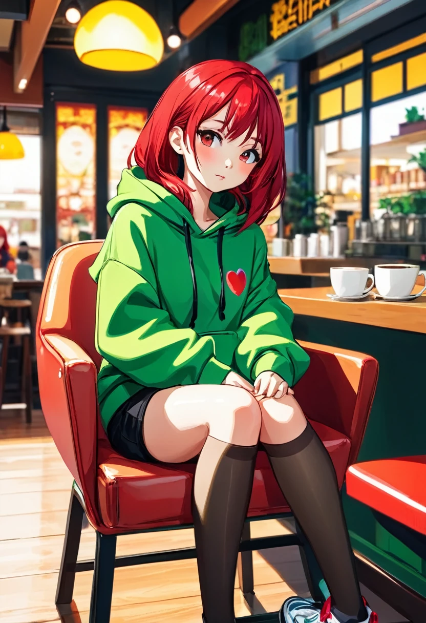 Pretty asian woman, bright red hair, black shorts and a green hoodie, cute, sitting in a big chair. Anime style, coffee shop environment