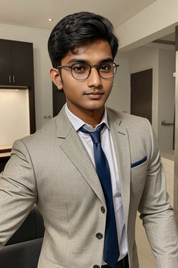 21 year old indian boy With fair skin Wearing spectacles and narrow body Posing for a linkedin picture in formals