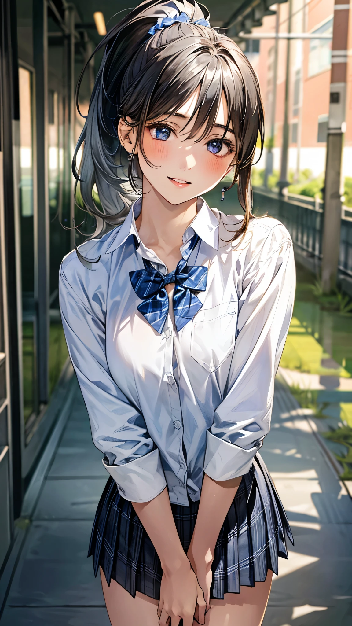 (masterpiece:1.3, top-quality, ultra high res, ultra detailed), (realistic, photorealistic:1.4), beautiful illustration, perfect lighting, natural lighting, colorful, depth of fields, ,
beautiful detailed hair, beautiful detailed face, beautiful detailed eyes, beautiful clavicle, beautiful body, beautiful chest, beautiful thigh, beautiful legs, beautiful fingers, shiny skin,
looking at viewer, 1 girl, high school girl, (perfect anatomy, anatomically correct, super detailed skin), cute and symmetrical face, face, perfect face, perfect eyes, ,
(middle hair, ponytail, sideburns, silver hair), crossed bangs, blue eyes, slant eyes, big eyes, long eye lasher, (medium breasts, seductive thighs), slender, skin dendation,
detailed cloth texture, light blue collared shirt, blue bow tie, grey plaid pleated skirt:1.2, black hair chouchou,
(beautiful scenery), summer, evening, (school hallway), standing, head tilt, hands between legs, (lovely smile, upper eyes, parted lips),