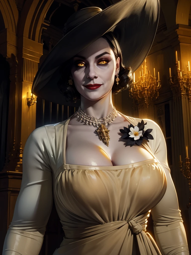 Alcina,yellow eyes,black hair,short hair,
white dress with black flower brooch,large black hat,single earring,big massive breasts,cleavage,necklace,
upper body,
looking at viewer,smile,
castle,indoors,night,
(insanely detailed, beautiful detailed face, beautiful detailed eyes, masterpiece, best quality),solo,