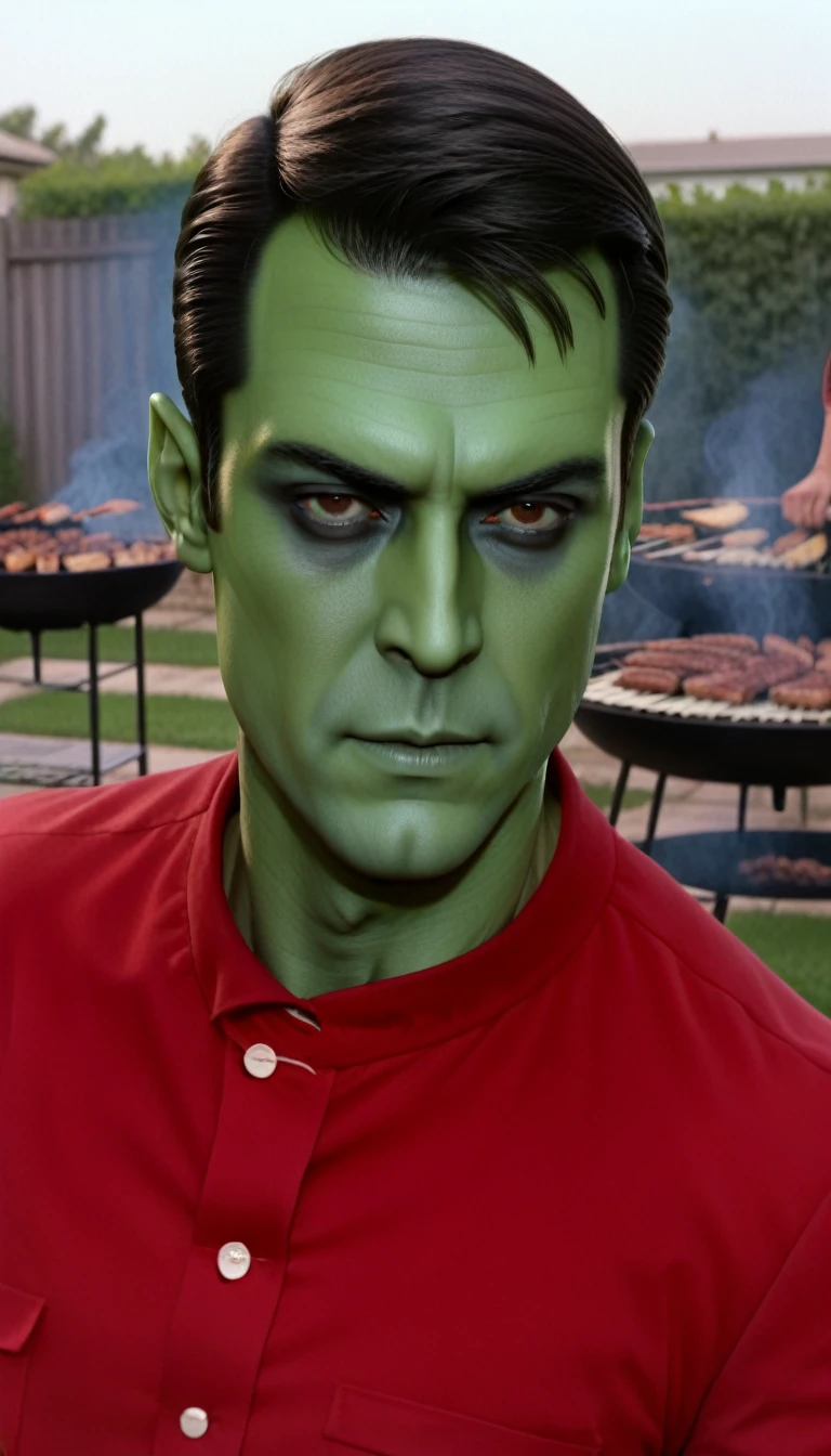 (((A 40-year-old man on the barbecue in your backyard))), (((wearing a red blouse))), (((((alien green skin color))))), (((full dark sclera eyes))), thin chin, (((white hair))) with a high quiff and back with gel and short sides, thin nose