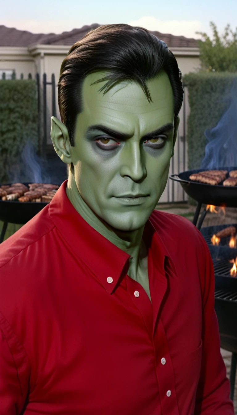 (((A 40-year-old man on the barbecue in your backyard))), (((wearing a red blouse))), (((((alien green skin color))))), (((full dark sclera eyes))), thin chin, (((white hair))) with a high quiff and back with gel and short sides, thin nose