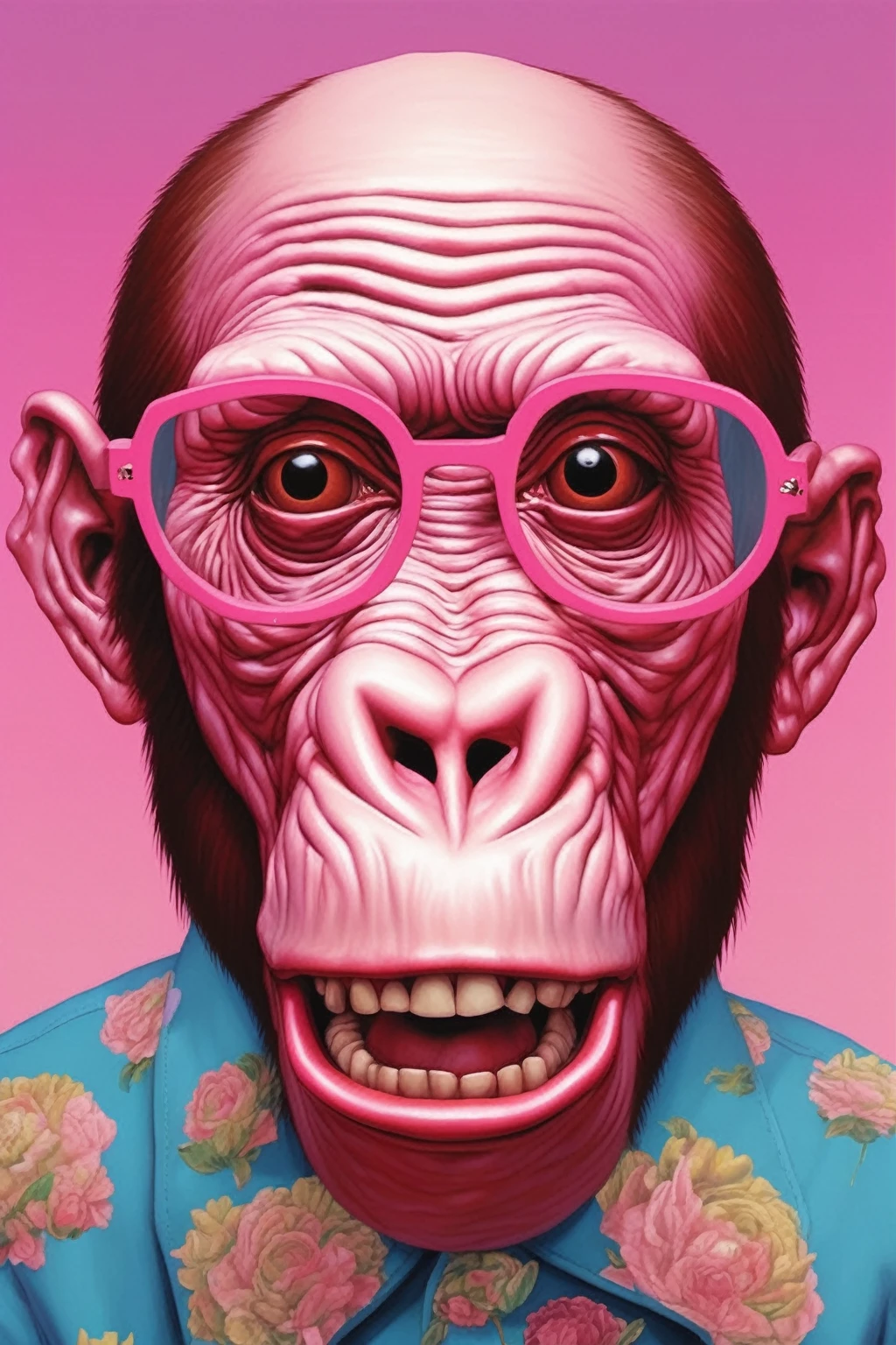 APE NFT HIGH QUALITY , bored ape , Alex Gross Style -Yue Minjun singe habillé comme Tyler le créateur craint et déteste le style de magazine étourdi zombi fume un joint
