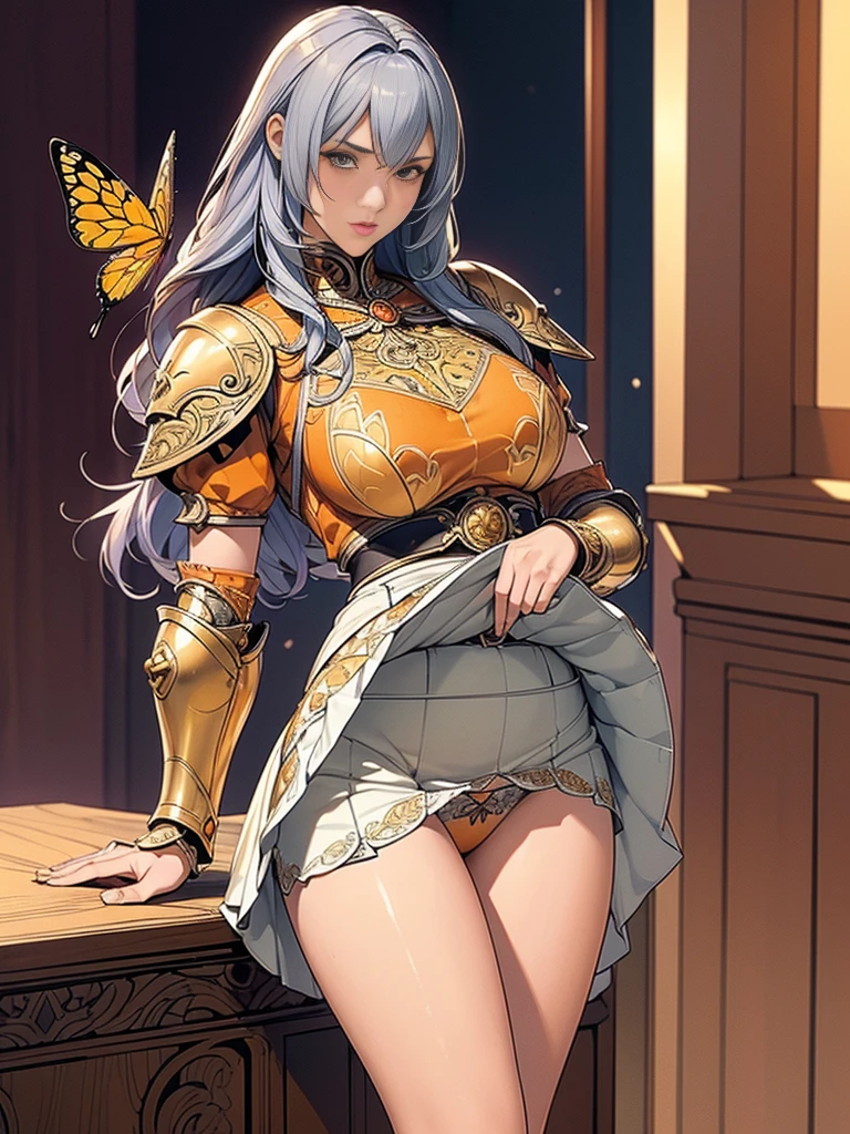 {best quality}, {very aesthetic}, {ultra-detailed}, {best illustration}, masterpiece,(((skirt lift:1.5))),((show off orange color butterfly panties)),garter belt:1.5,((Holy Knight)), Smooth breastplate, ((Armor made of yellow))、((((Extremely detailed and intricately decorated armour:1.1)))),Red Cowboy Shot,Smooth udder、Big Tits、(Golden Ratio,Tabletop, Highest quality, Highest quality, Official Art, beautifully、beautiful:1.2), Very detailed, colorful,Best details,An illustration, Great scene, (Adult,19 years old,One Girl, alone, Final Fantasy 12,Asheria:1.5, Asheria:1.5, Asheria:1.5, Curly Hair, Long Hair,Silver Hair:1.2,Asheria Costume:1.5, Asheria Costume:1.5, mini skirt,Knee socks, Thighs Thighs Thighs Thighs, gem, Blue Belt,Belt number 1),Course of action, A look of contempt ,from most below,