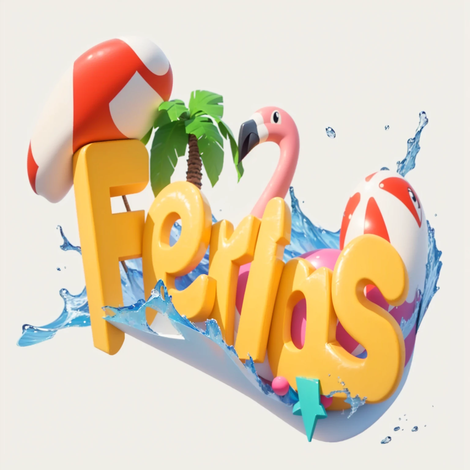 a close-up of a sign with a flamingo and a beach ball, Stylized 3D rendering, trend on behance 3d art, trend on behance 3d art, summer swimming , high quality topical rendering, realistic 3 d style, inflatable, hand painted cartoon art style, animation style rendering, 3d illustration, 3d illustration, promotional rendering, 3d cartoon