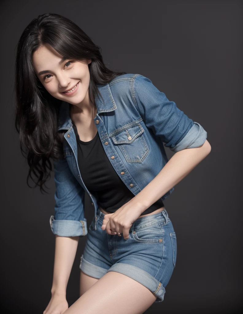 RAW best quality, masterpiece, realistic, ultra detail, photo realistic, I close up 21 yo girl, black mess hair. Wearing all size black t-shirt and denim jacket, smiling, show big thigh, plump body, perfect body, standing infront of dark background
