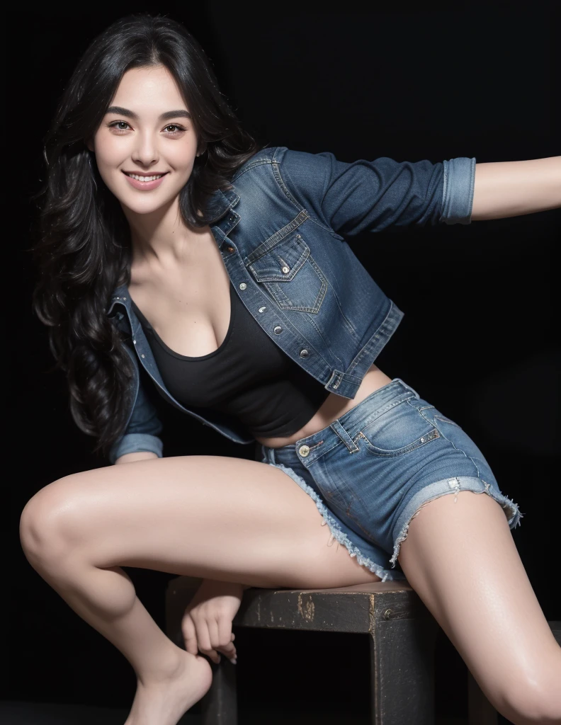Woman sitting on the ground in a white shirt and black boots, photo of slim girl model, photo of slim girl, Wear suspenders,Wear a denim top,wearing denim short shorts,Wearing two black boots,(Black boots)thin very long legs,Black color hair, dilraba dilmurat, Choi Hyun-hwa, korean women's fashion model, 2 4 year old female model, sexy-s 100, Shin Jinying, krystal