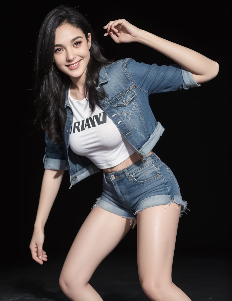 RAW best quality, masterpiece, realistic, ultra detail, photo realistic, I close up 21 yo girl, black mess hair. Wearing all size black t-shirt and denim jacket, smiling, show big thigh, plump body, perfect body, standing infront of dark background