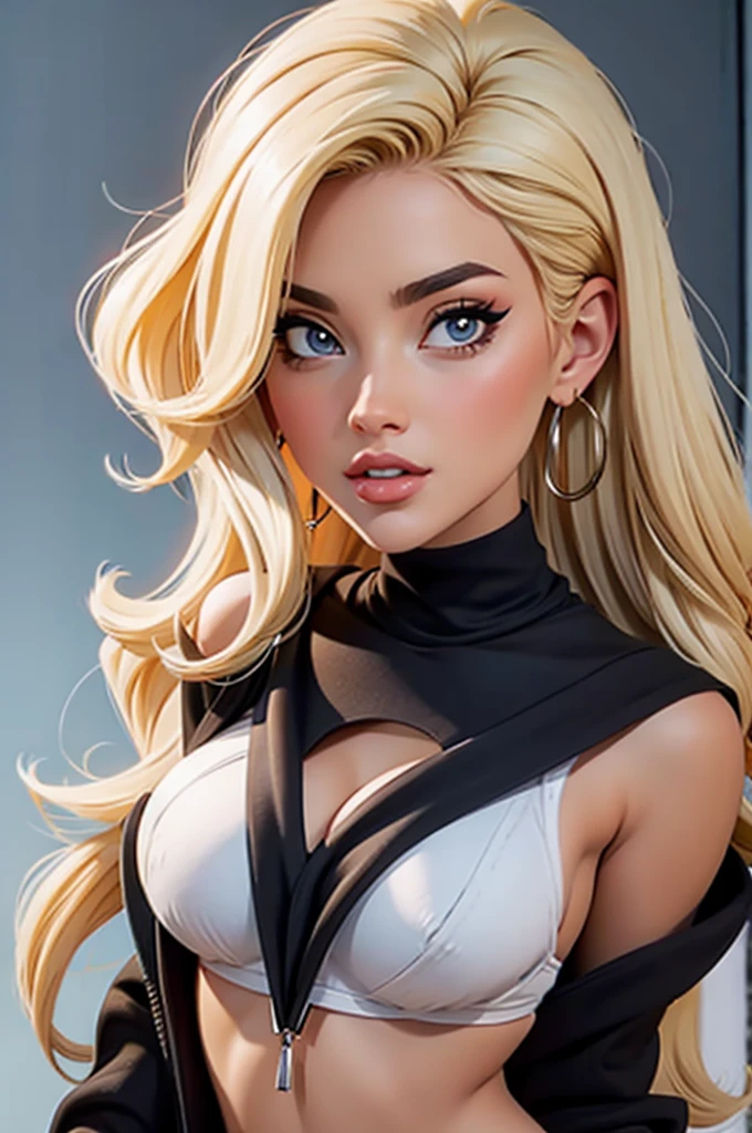 Lana Rhoade sexy, with blonde hair, she is wearing a black bikini sweatshirt