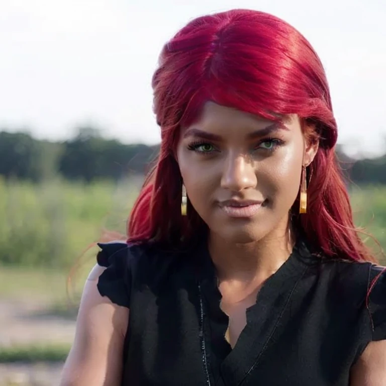 Young woman, dark skin with long red hair and amber eyes, wide nose, thick lips, green clothing, sword, Karui
