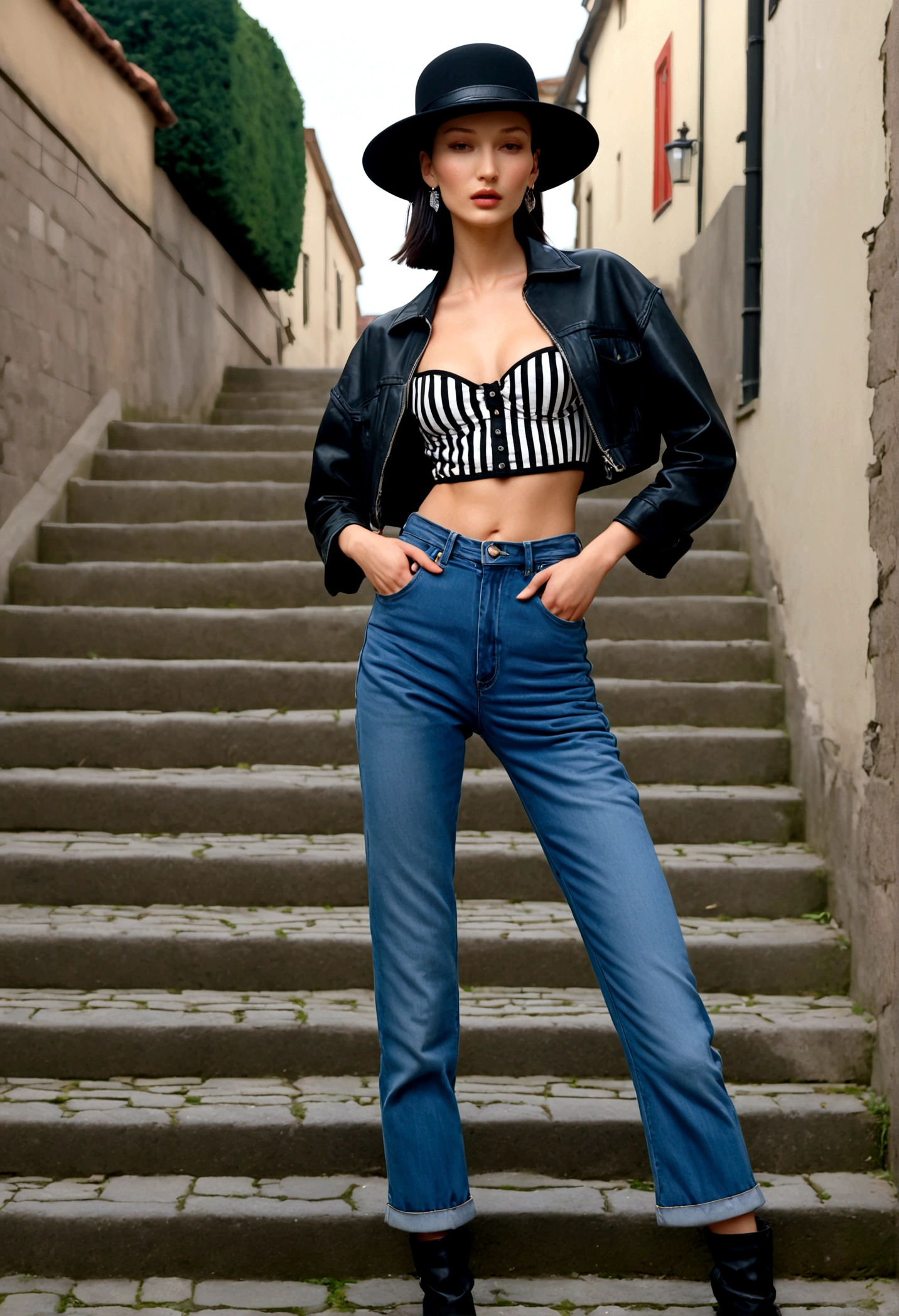 a woman that is standing on some steps, street outfit, bolero, 90s style, thin body, ruanjia, hats, young sexy elegant woman, tight bone structure, checkered floor, black leather bra, cobblestone roads, bella hadid, ( ( ( wearing jeans ) ) ), intricate details. front on