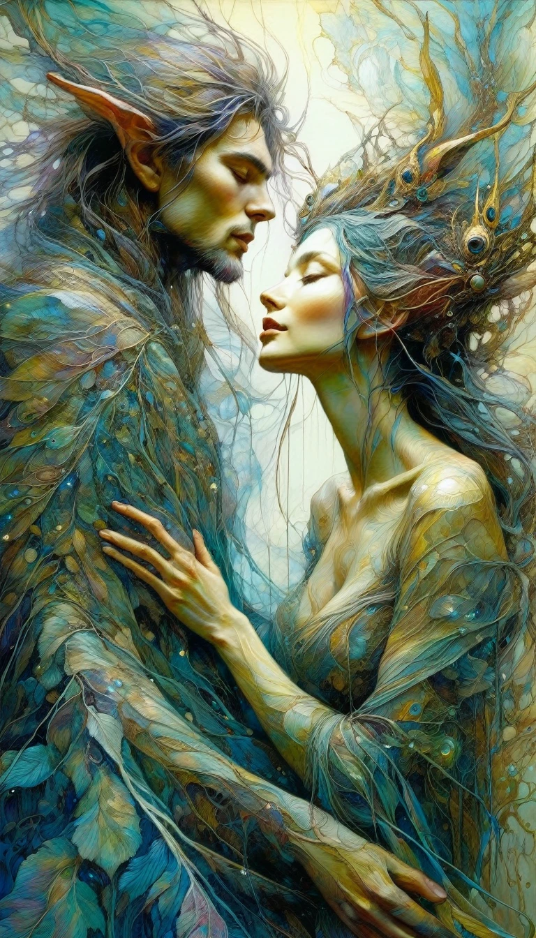 the lovers, artwor inspired by Brian Froud and Carne Griffiths and Wadim Kashin, intricate details, oil